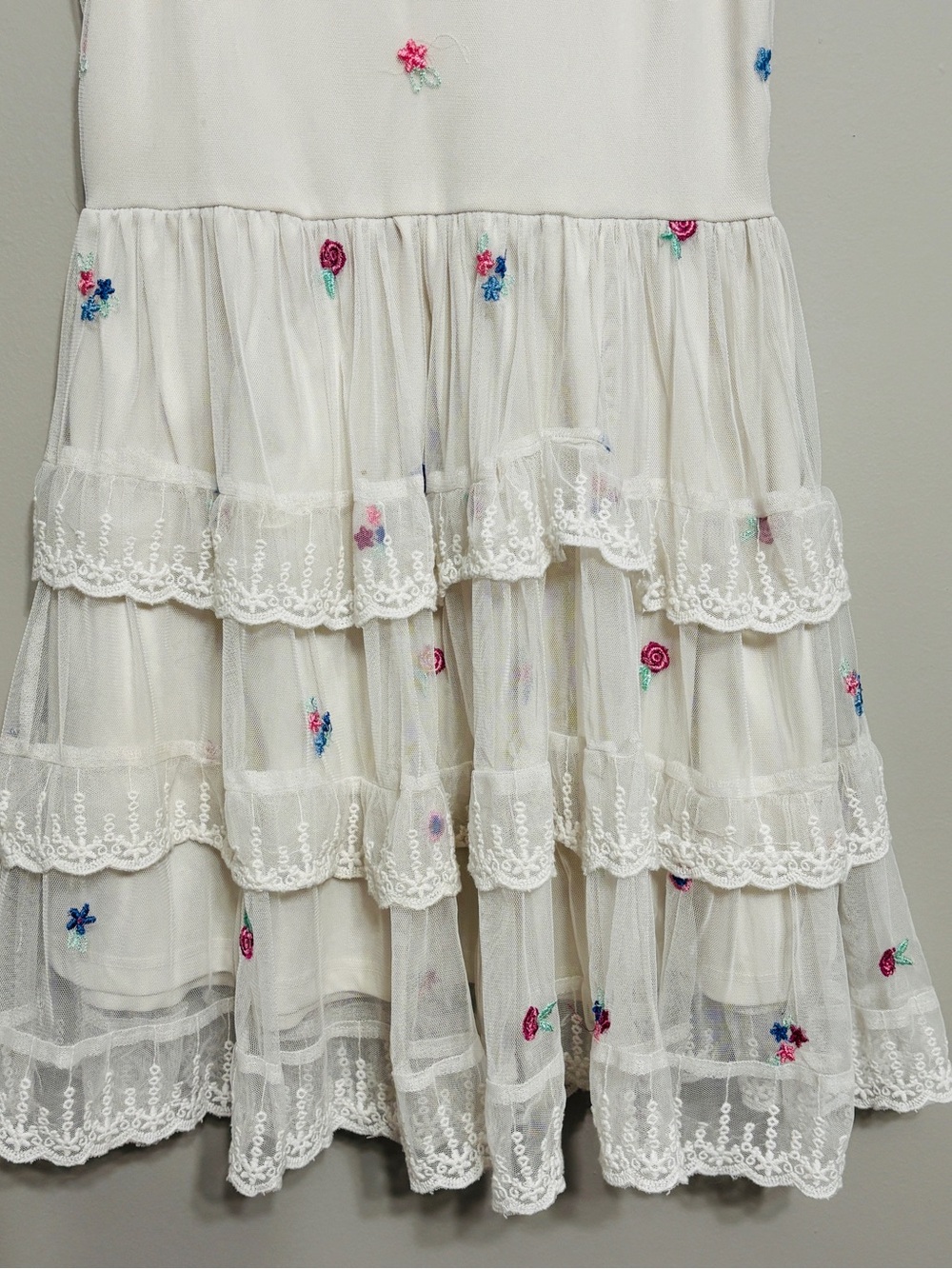 Rare Editions Girls Dress Size 12 Cream Tulle Tiered Lace Cottagecore Whimsical - Picture 2 of 8
